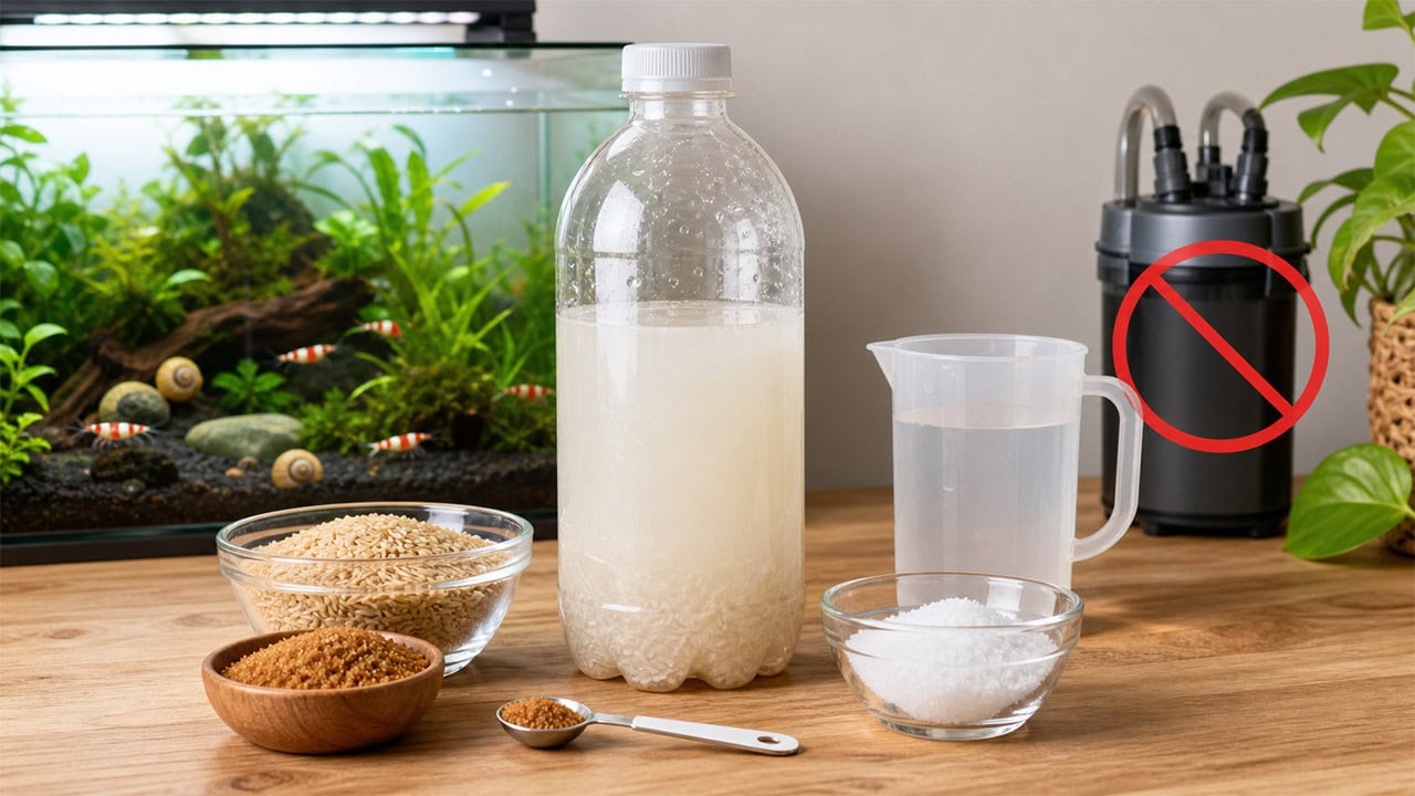 Homemade beneficial bacteria culture bottle with aquarium ingredients beside a shrimp and snail tank